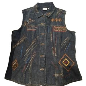 Chico's Embroidered And Beaded Denim Vest Aztec Size 2 NWOT